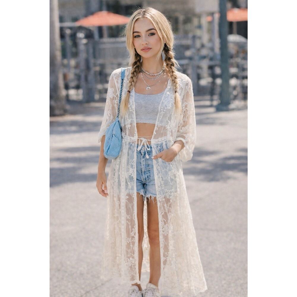 FORGOTTEN GRACE White Lace Crochet Dress Swim Cover Up Tie Small